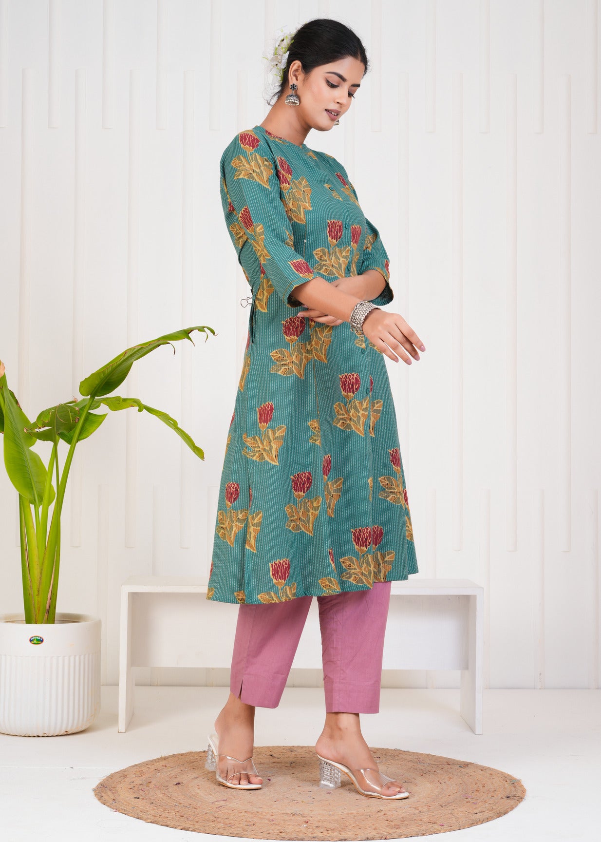 Green With Floral Print Cotton Kurti
