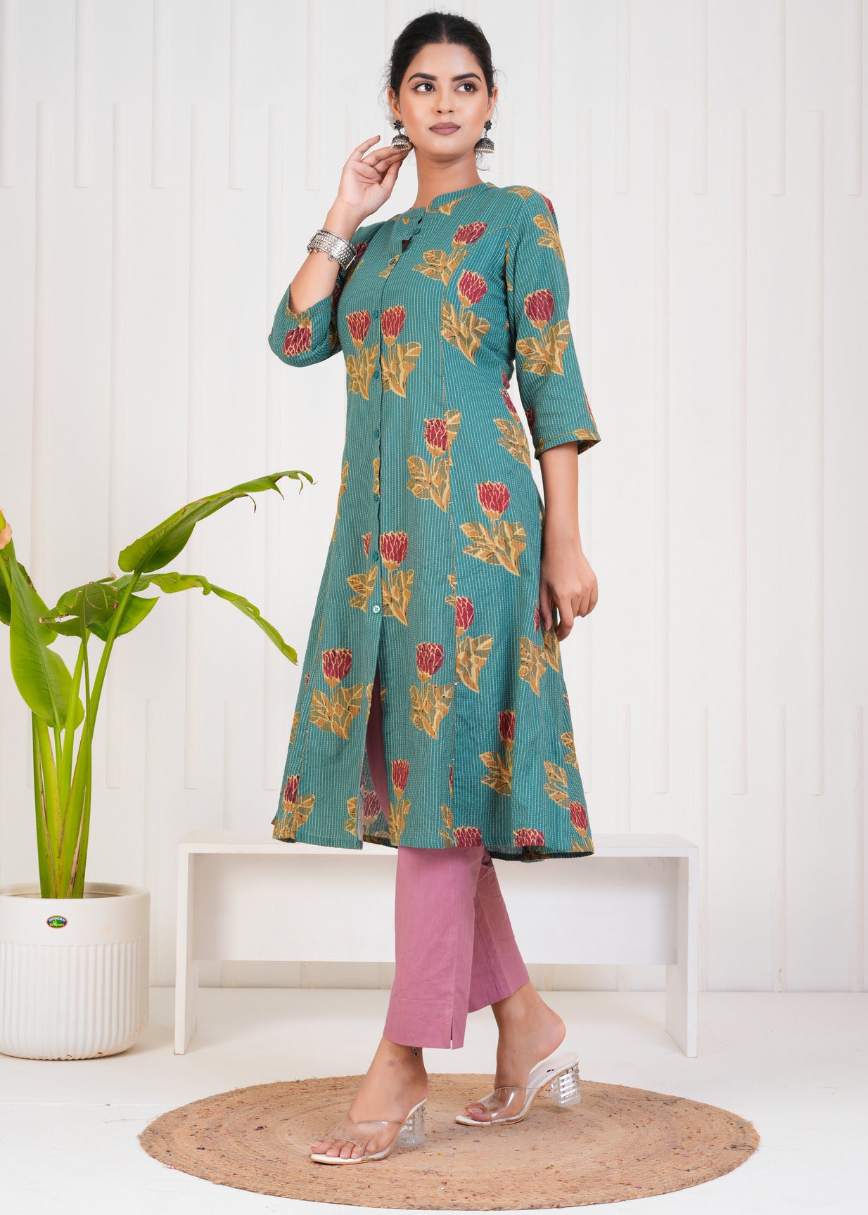 Green With Floral Print Cotton Kurti