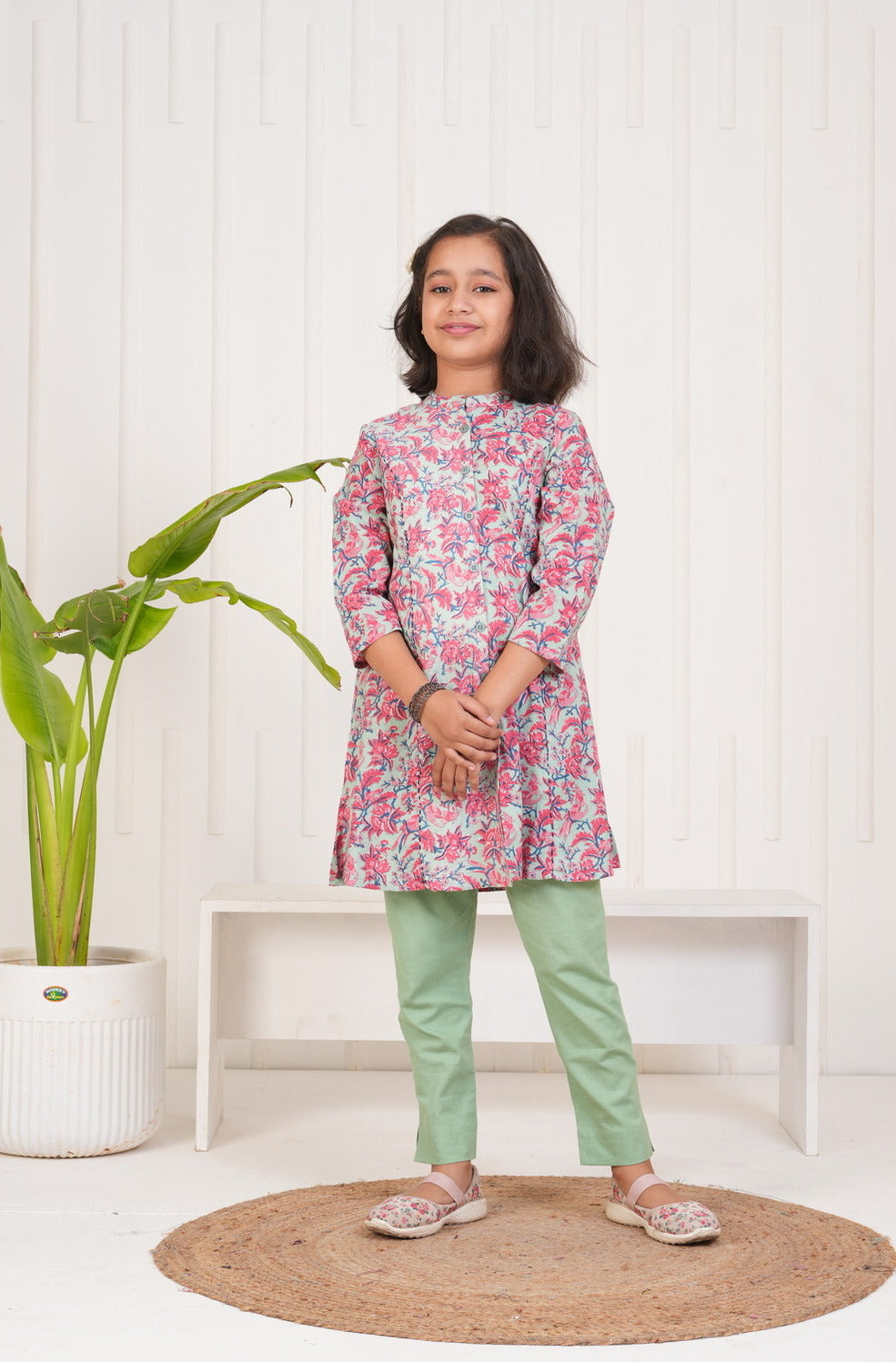 Pink With Floral Print Cotton Kurti