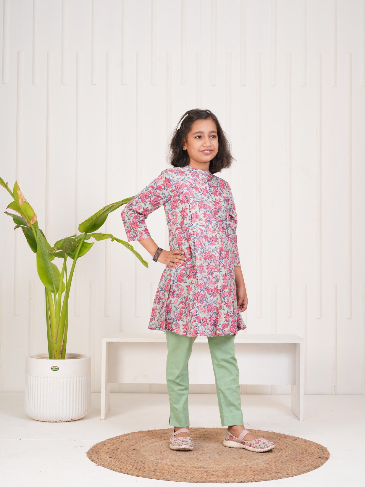 Pink With Floral Print Cotton Kurti