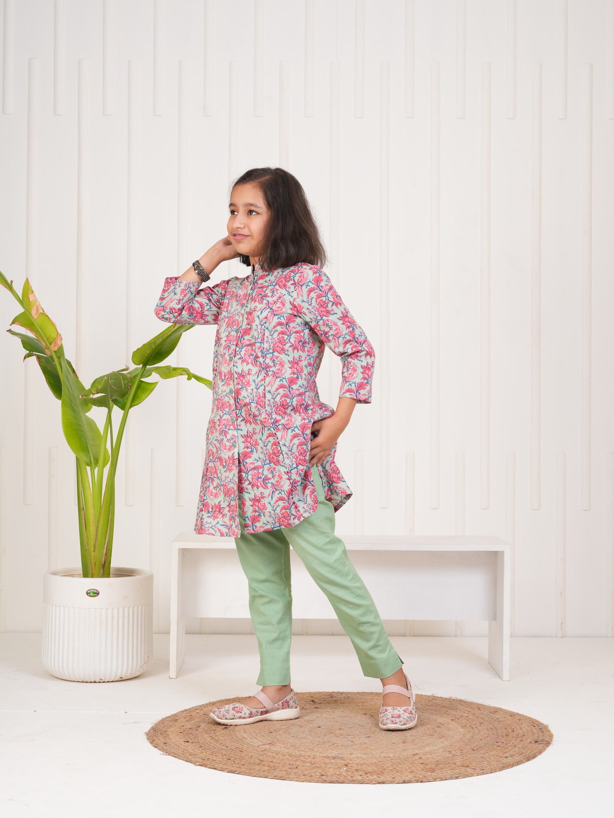 Pink With Floral Print Cotton Kurti