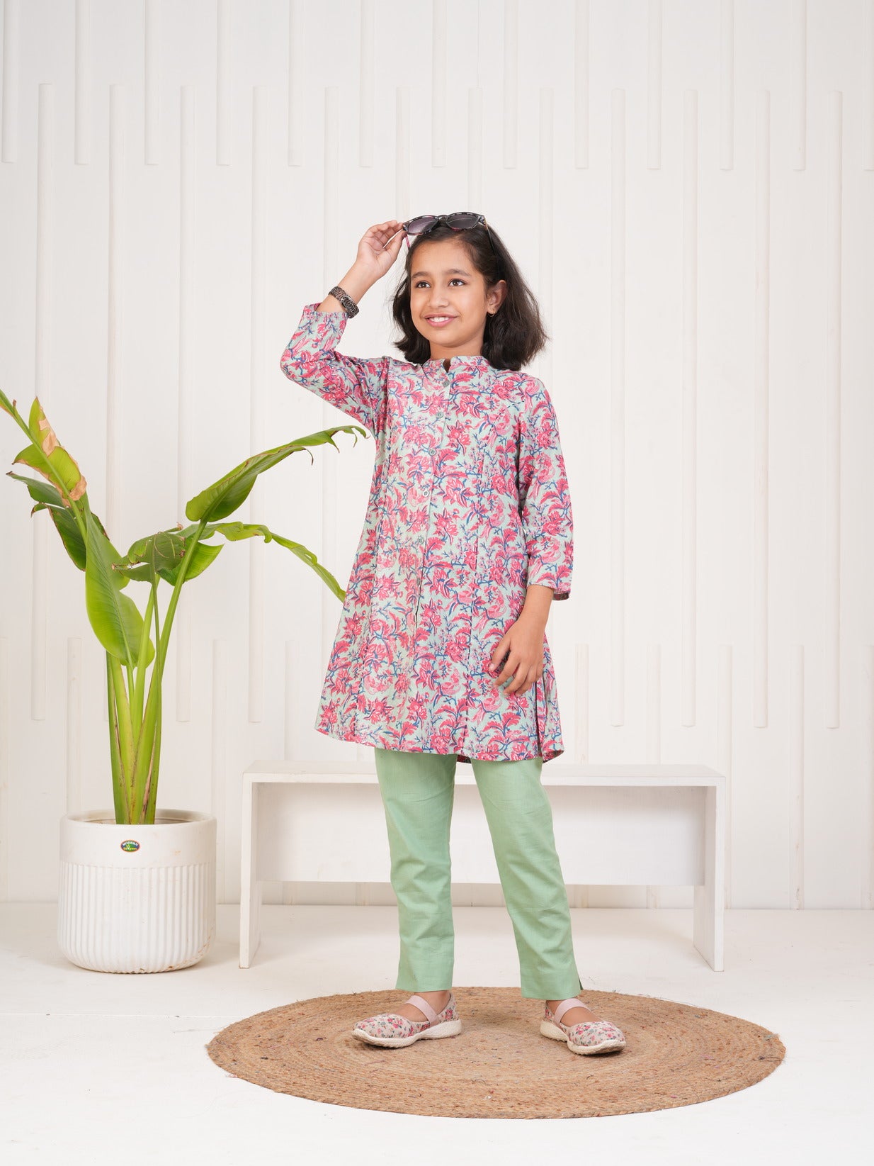 Pink With Floral Print Cotton Kurti