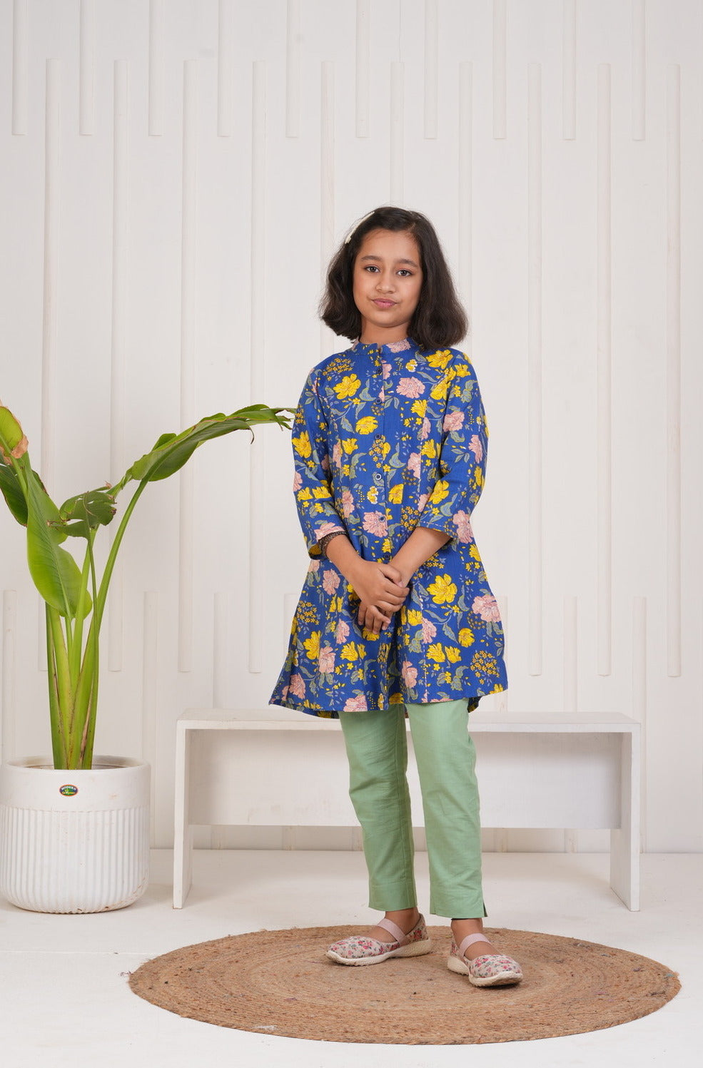 Blue With Floral Print Cotton Kurti