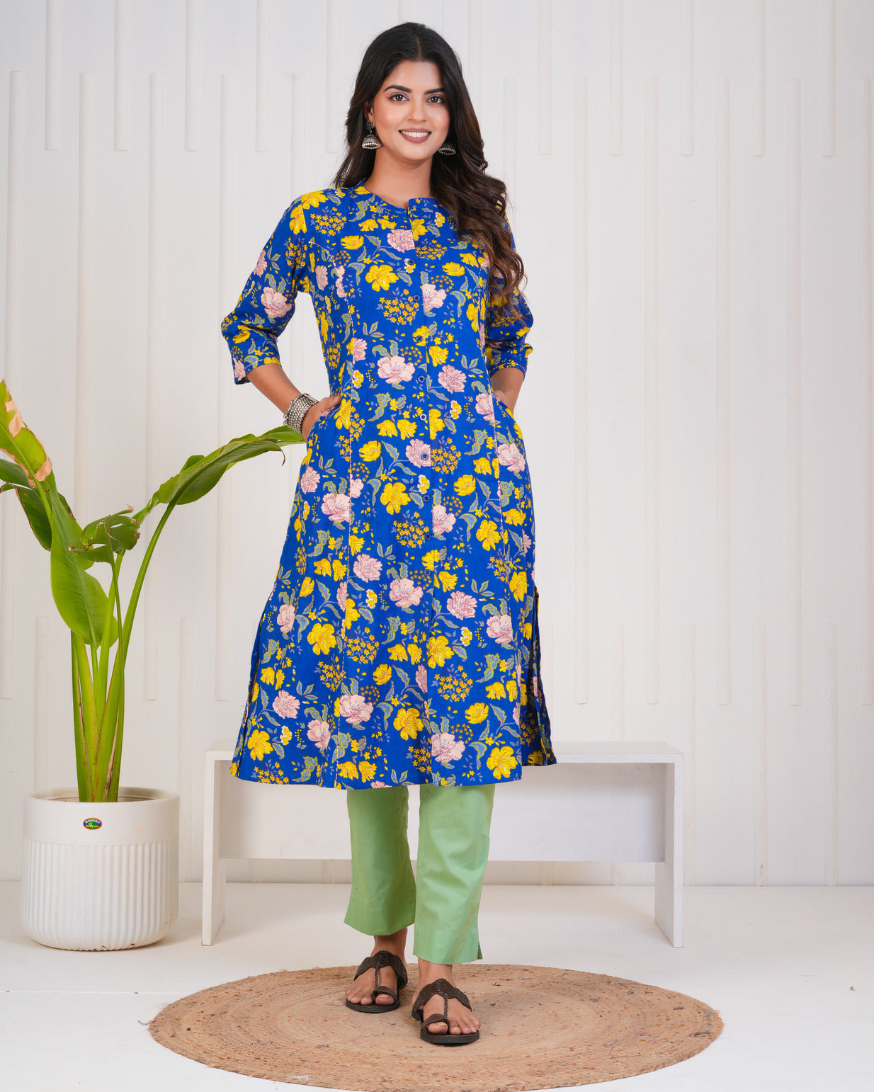 Blue With Floral Print Cotton Kurti