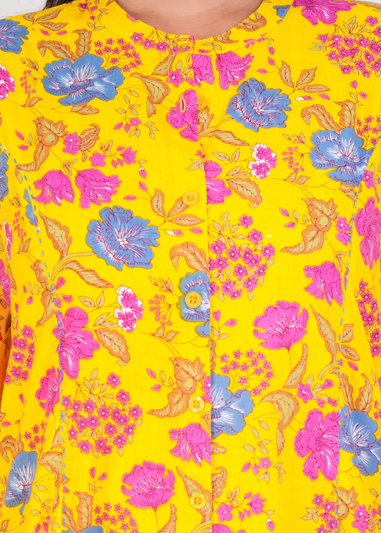 Yellow With Floral Print Cotton Kurti