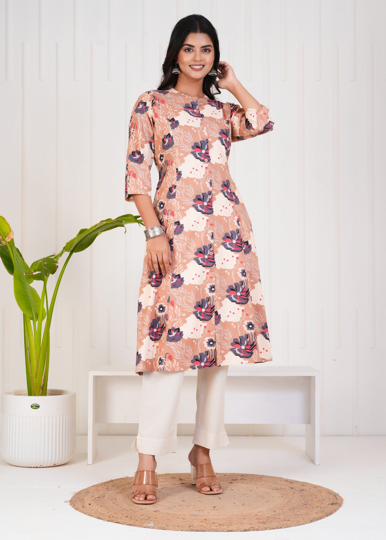 Beige With Floral Print Cotton Kurti