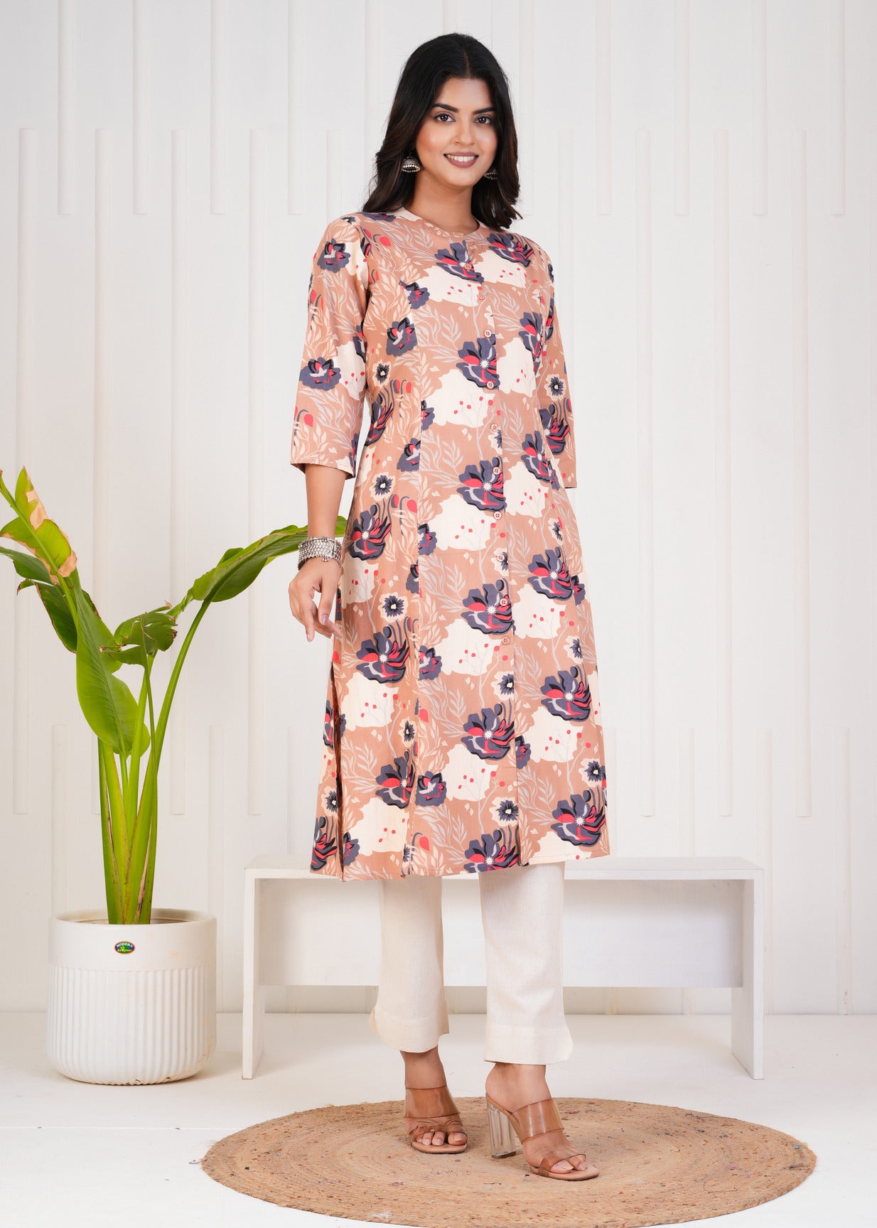 Beige With Floral Print Cotton Kurti