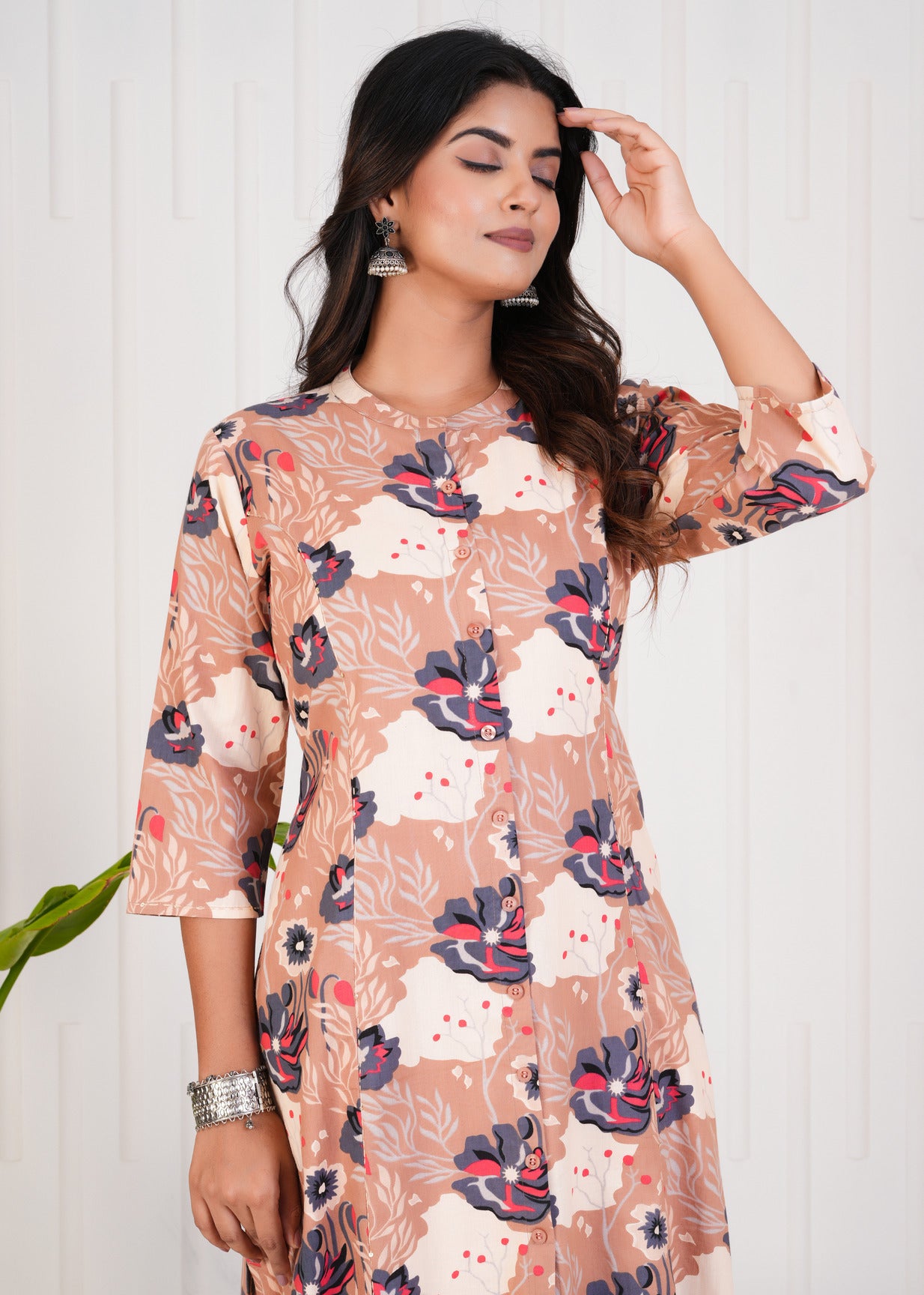 Beige With Floral Print Cotton Kurti