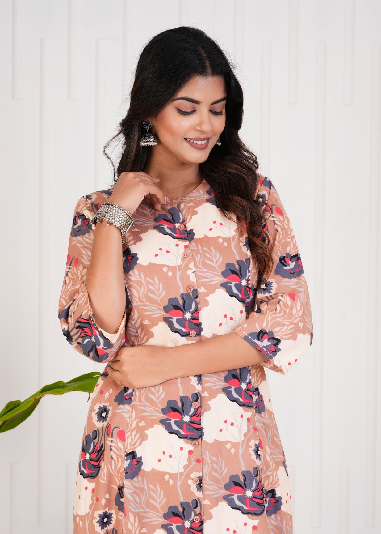 Beige With Floral Print Cotton Kurti