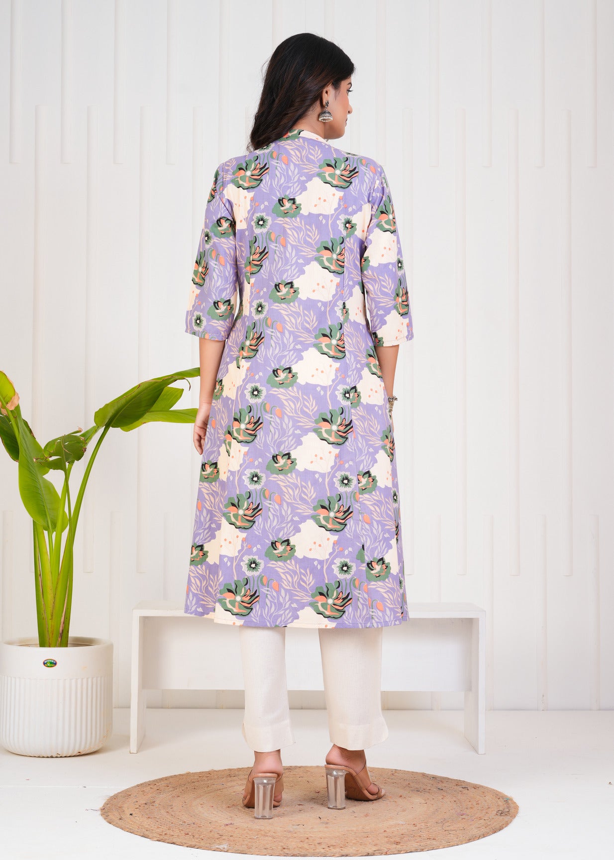 Purple With Floral Print Cotton Kurti