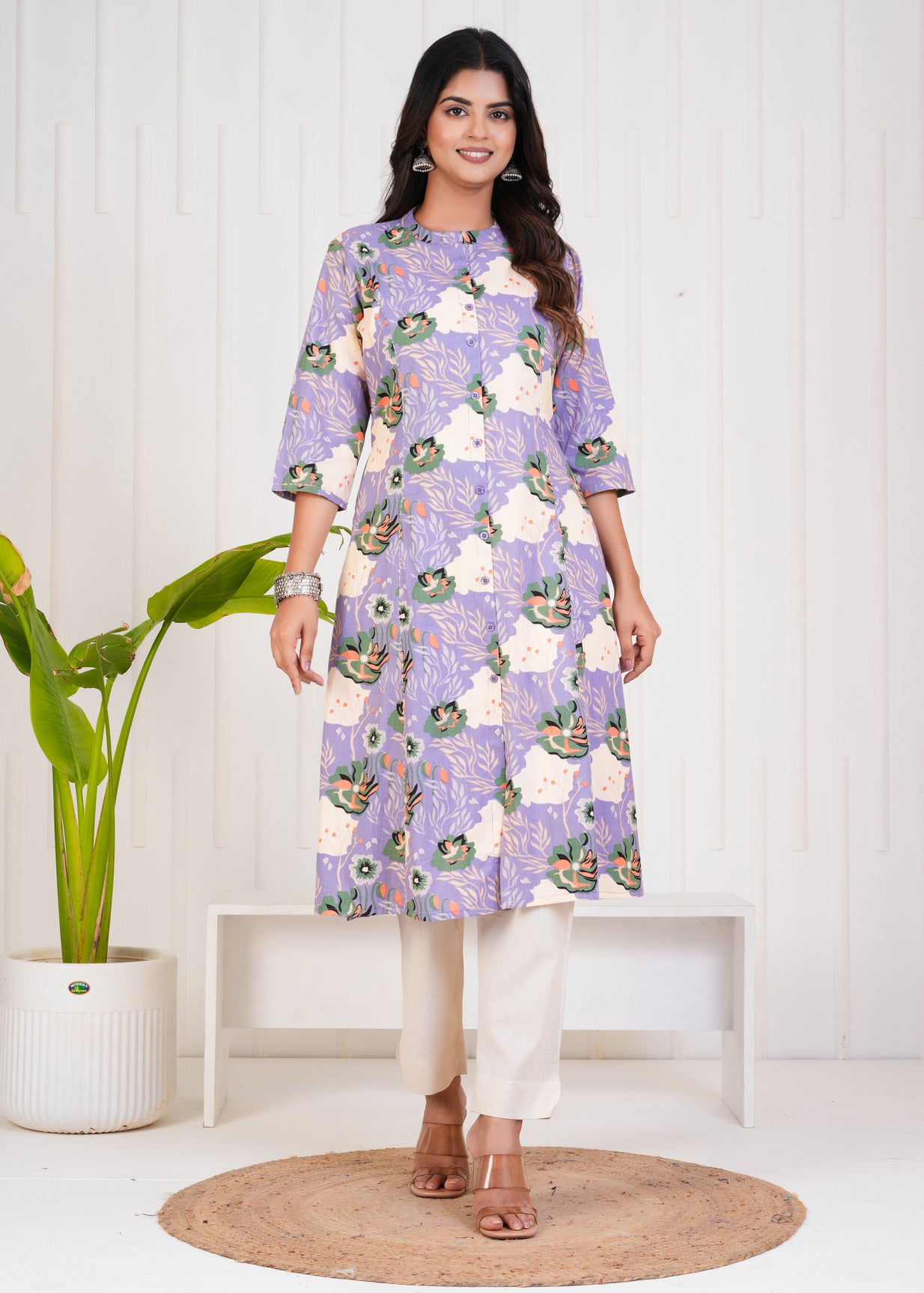 Purple With Floral Print Cotton Kurti