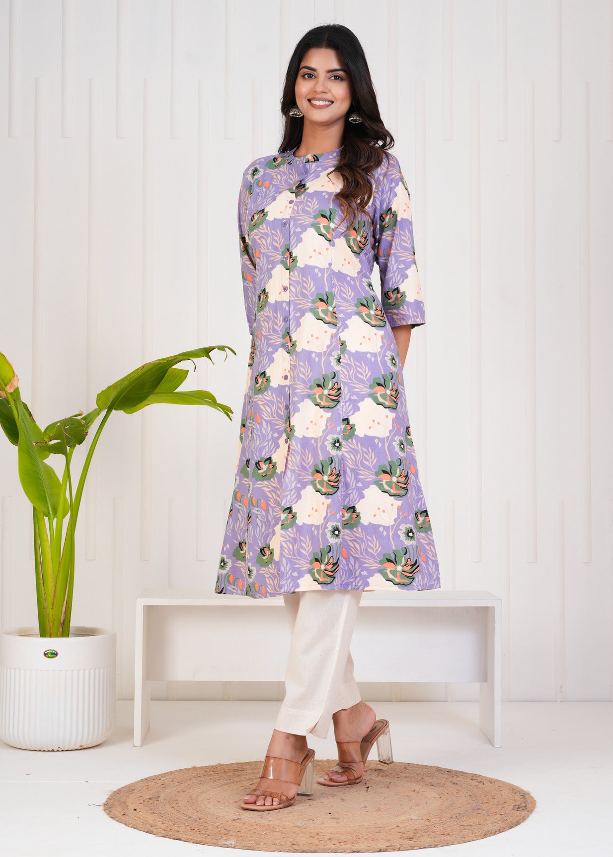 Purple With Floral Print Cotton Kurti