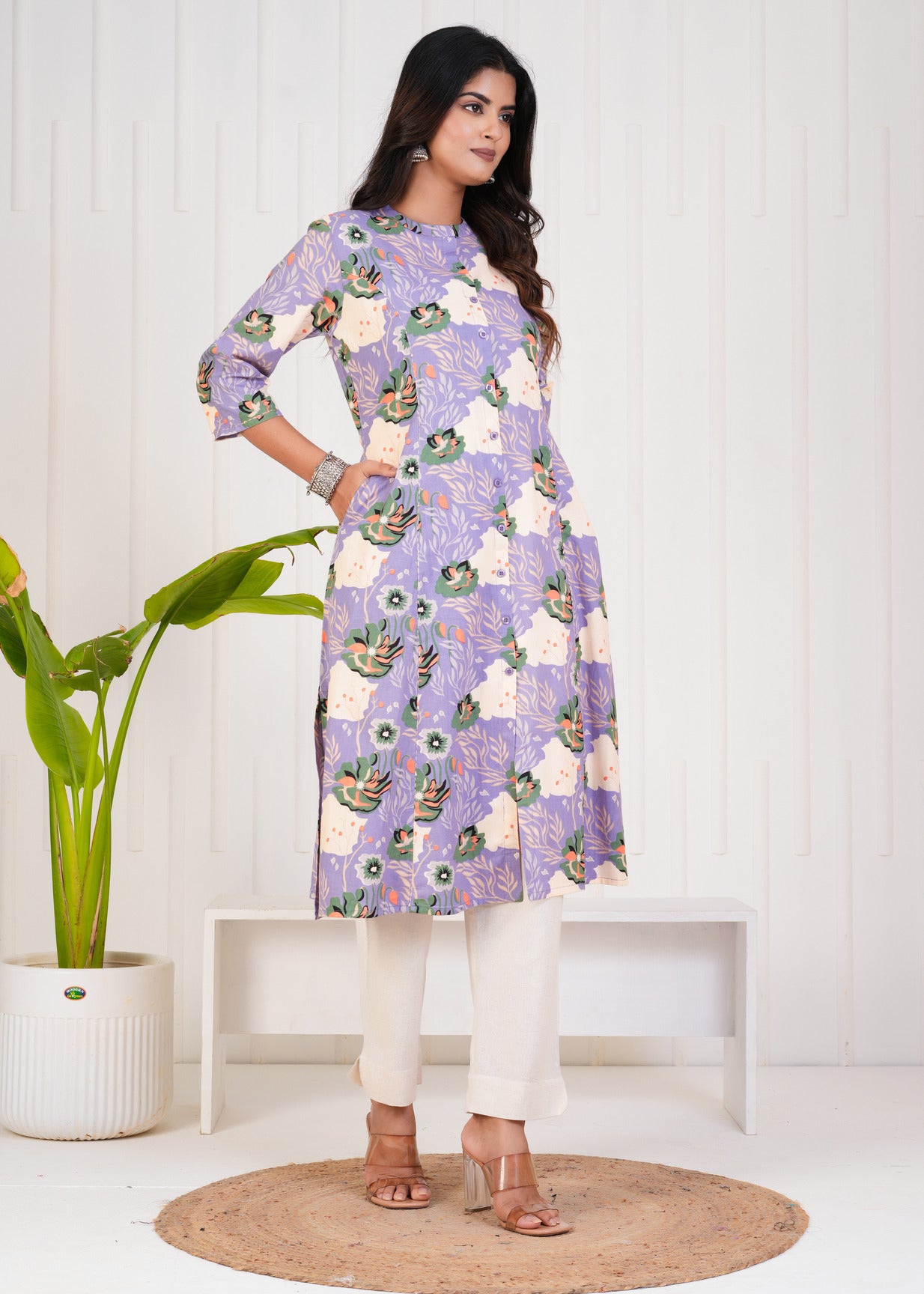 Purple With Floral Print Cotton Kurti