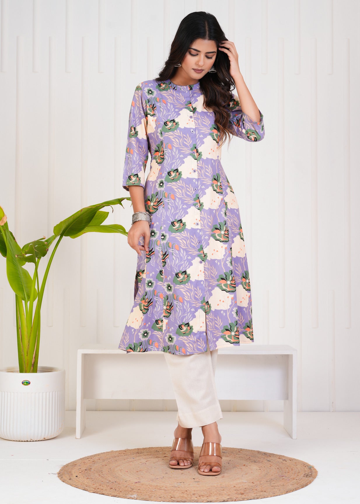 Purple With Floral Print Cotton Kurti