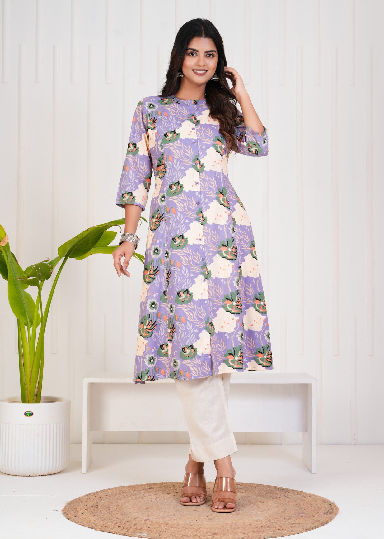 Purple With Floral Print Cotton Kurti