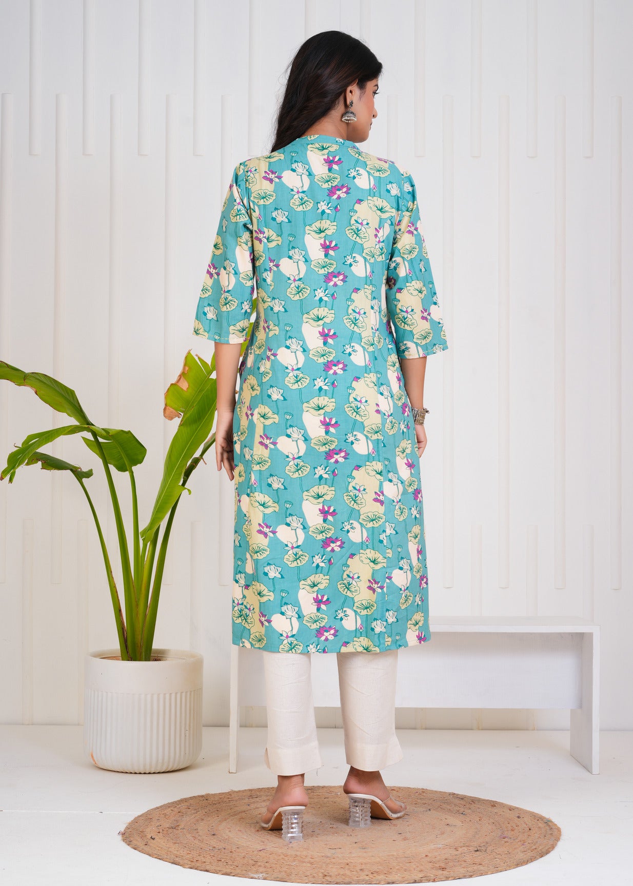 Ocean Green With Floral Print Cotton Kurti