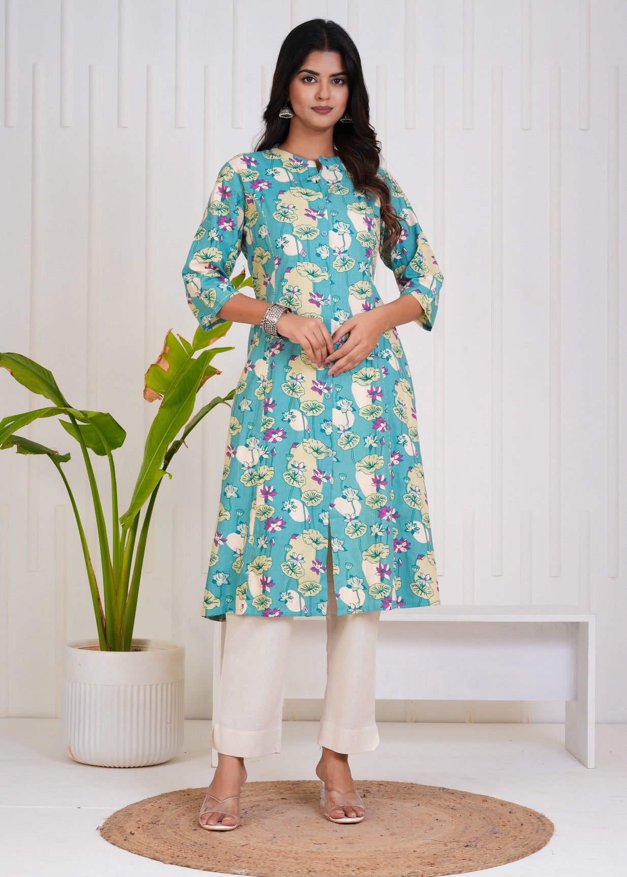 Ocean Green With Floral Print Cotton Kurti