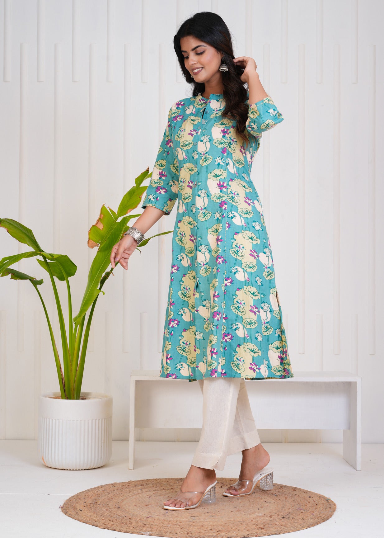 Ocean Green With Floral Print Cotton Kurti