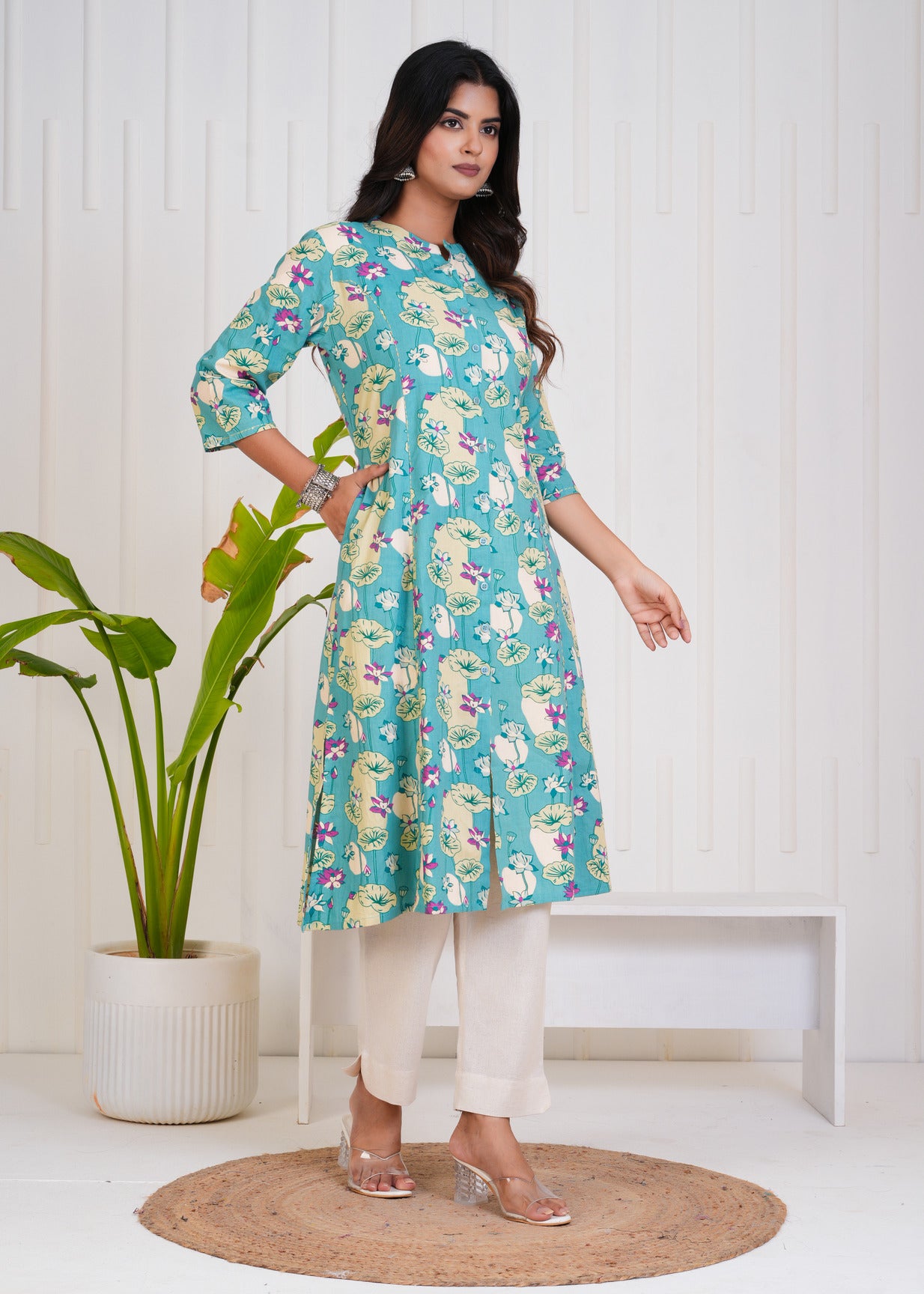Ocean Green With Floral Print Cotton Kurti
