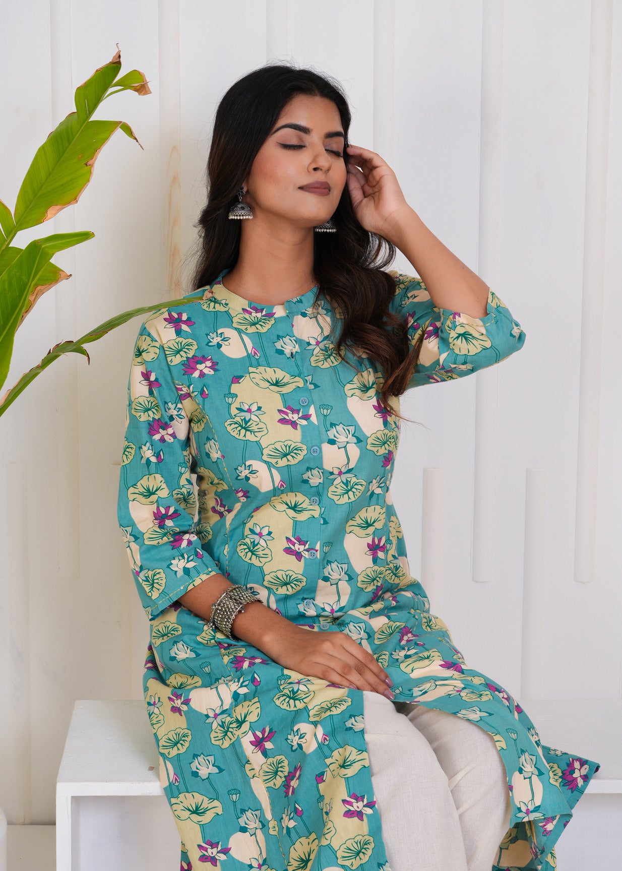 Ocean Green With Floral Print Cotton Kurti
