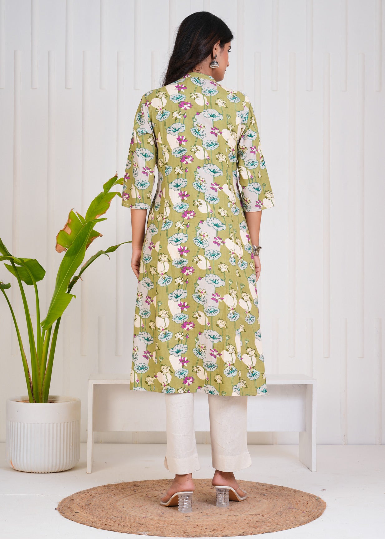 Green With Floral Print Cotton Kurti