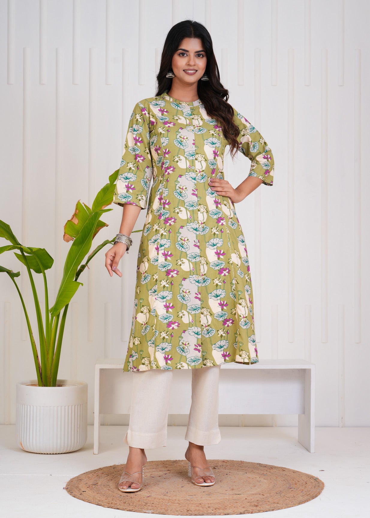 Green With Floral Print Cotton Kurti