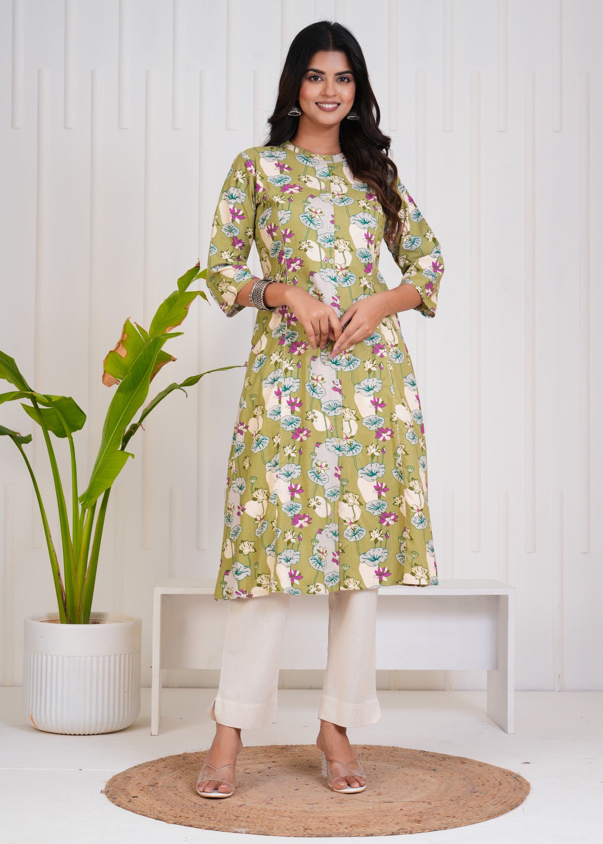 Green With Floral Print Cotton Kurti