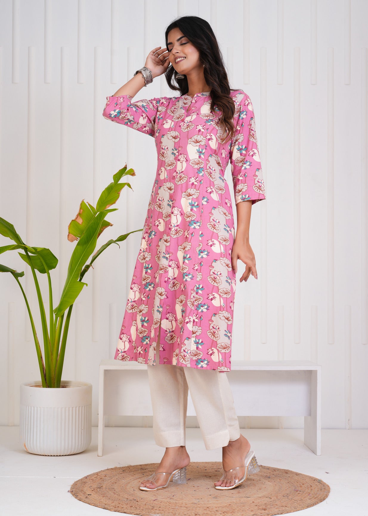 Pink With White Floral Print Cotton Kurti