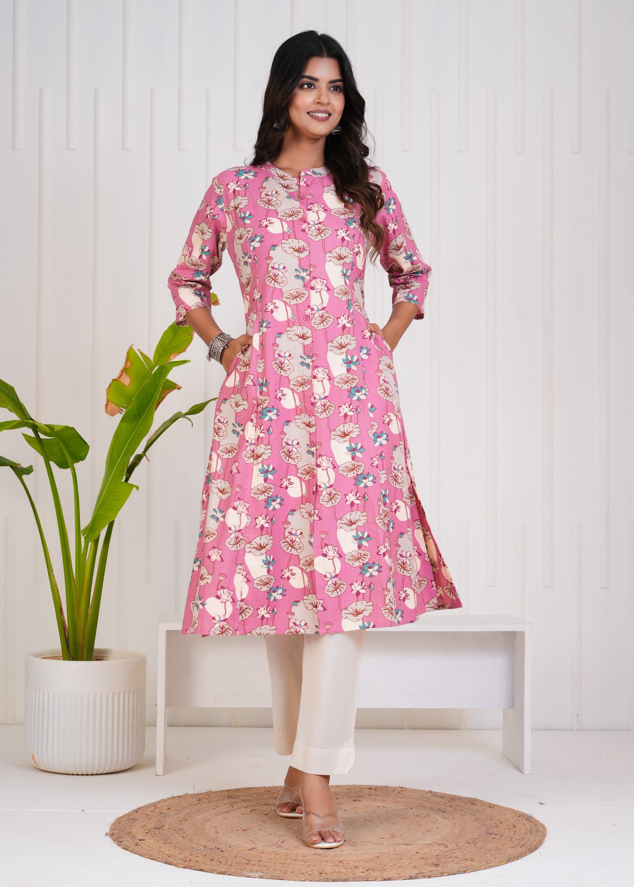 Pink With White Floral Print Cotton Kurti