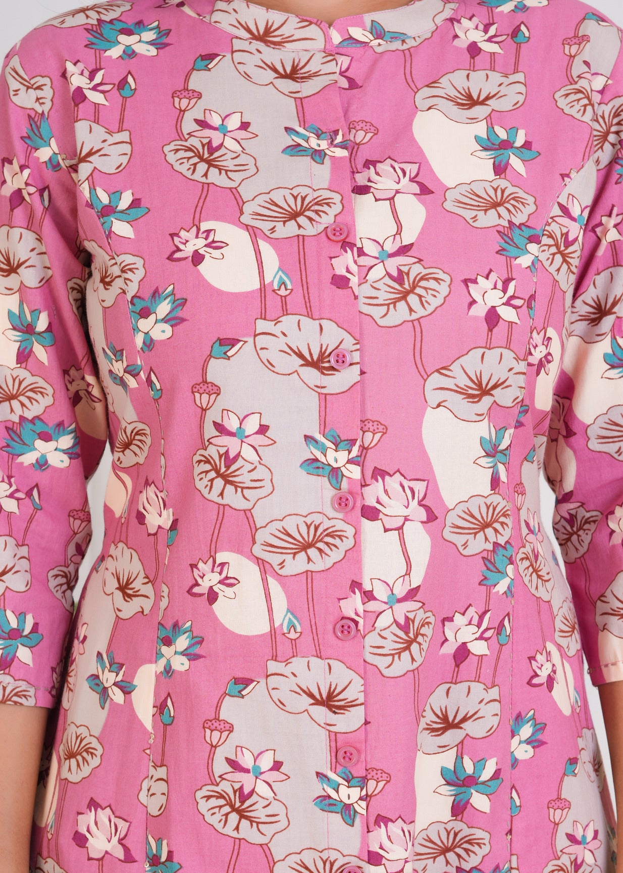 Pink With White Floral Print Cotton Kurti