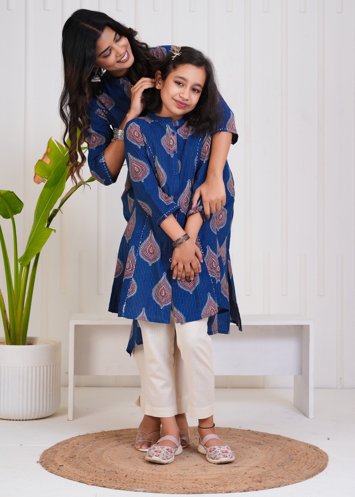 Navy Blue With Floral Print Cotton Kurti
