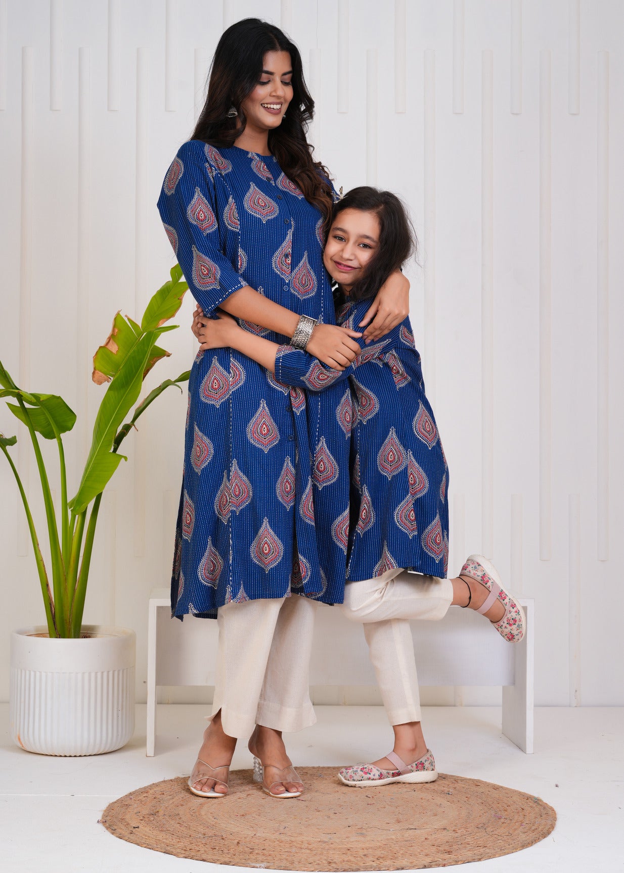 Navy Blue With Floral Print Cotton Kurti