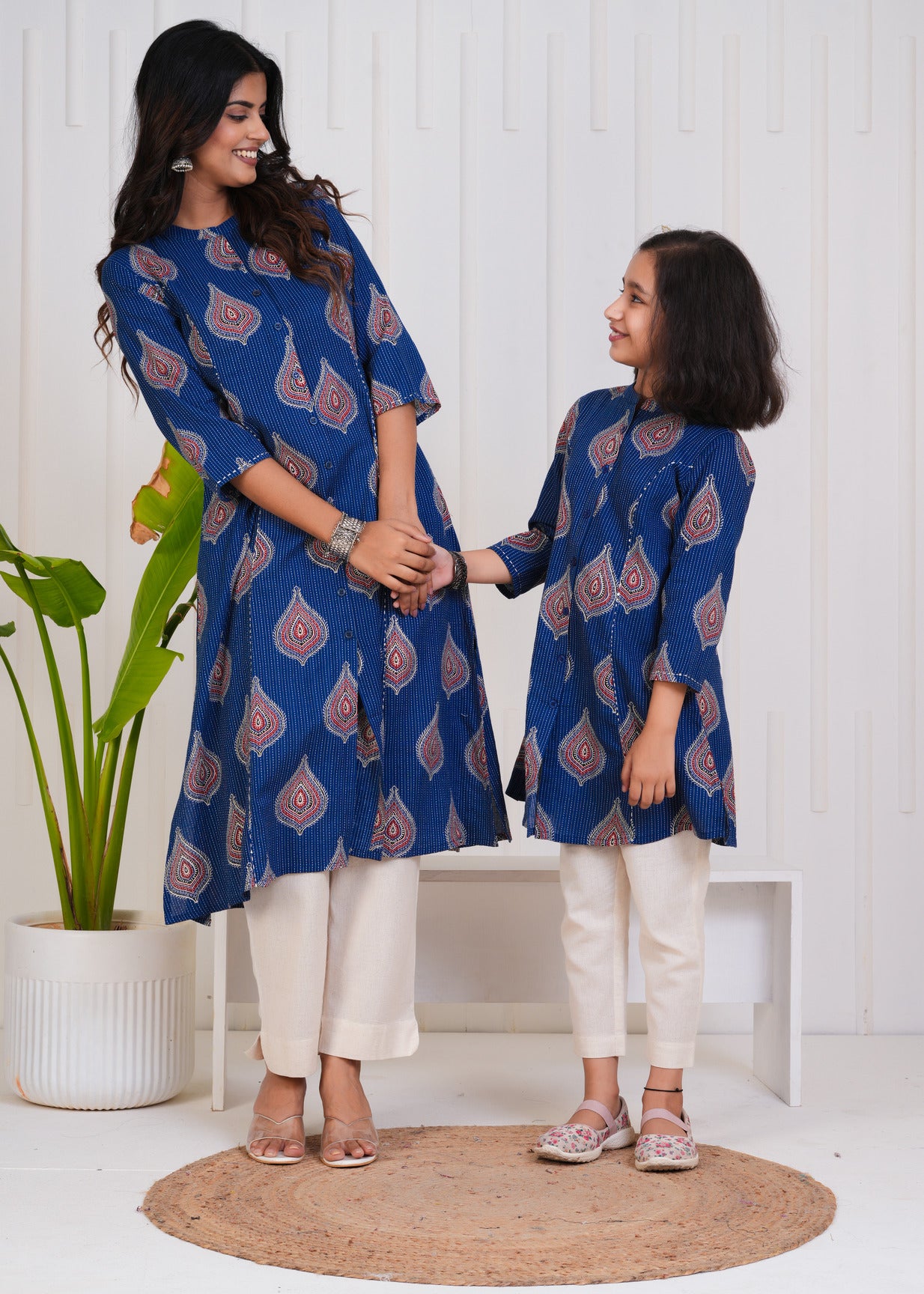 Navy Blue With Floral Print Cotton Kurti