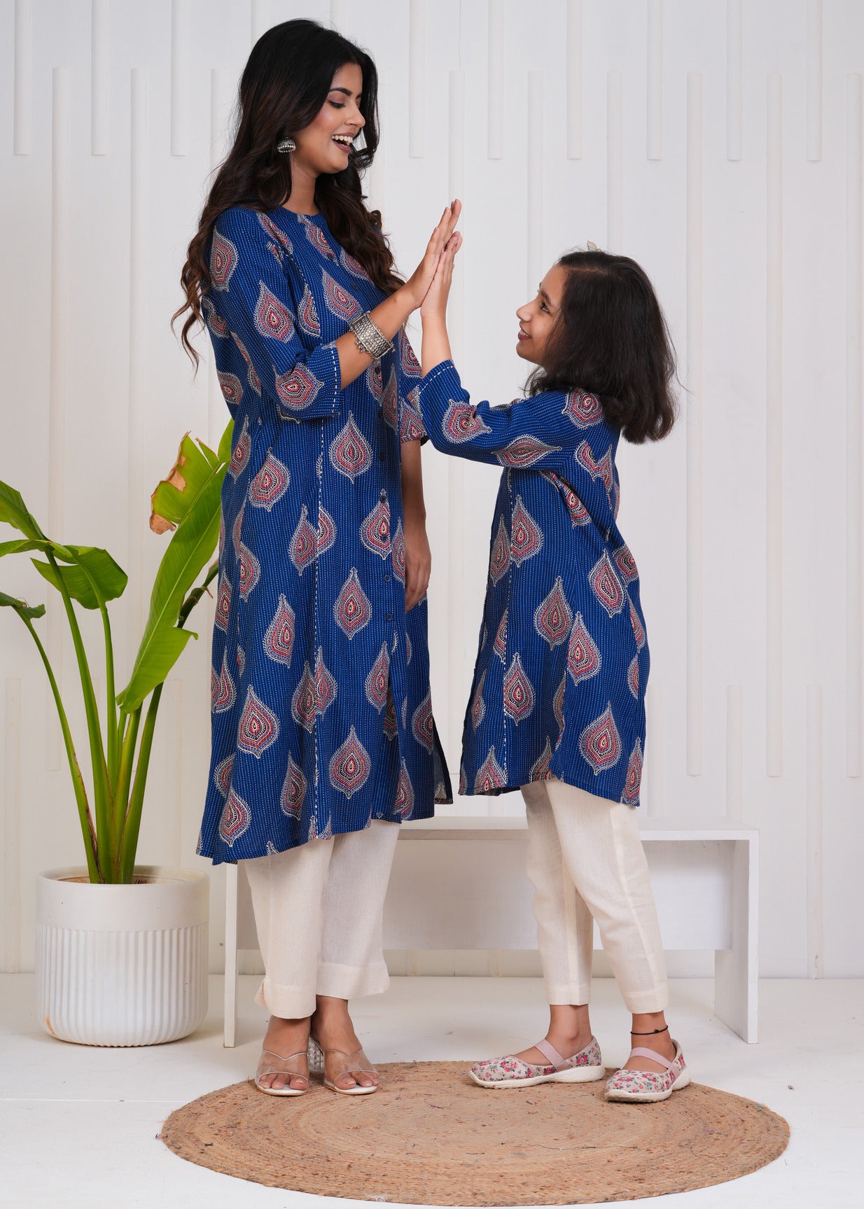 Navy Blue With Floral Print Cotton Kurti