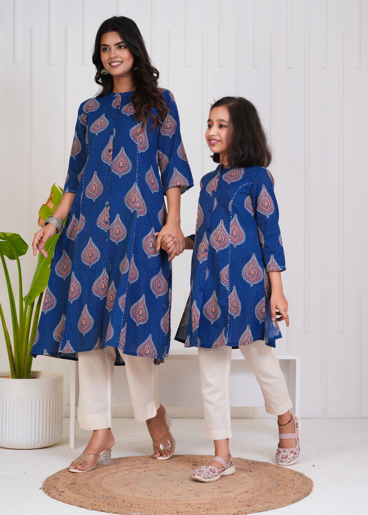 Navy Blue With Floral Print Cotton Kurti
