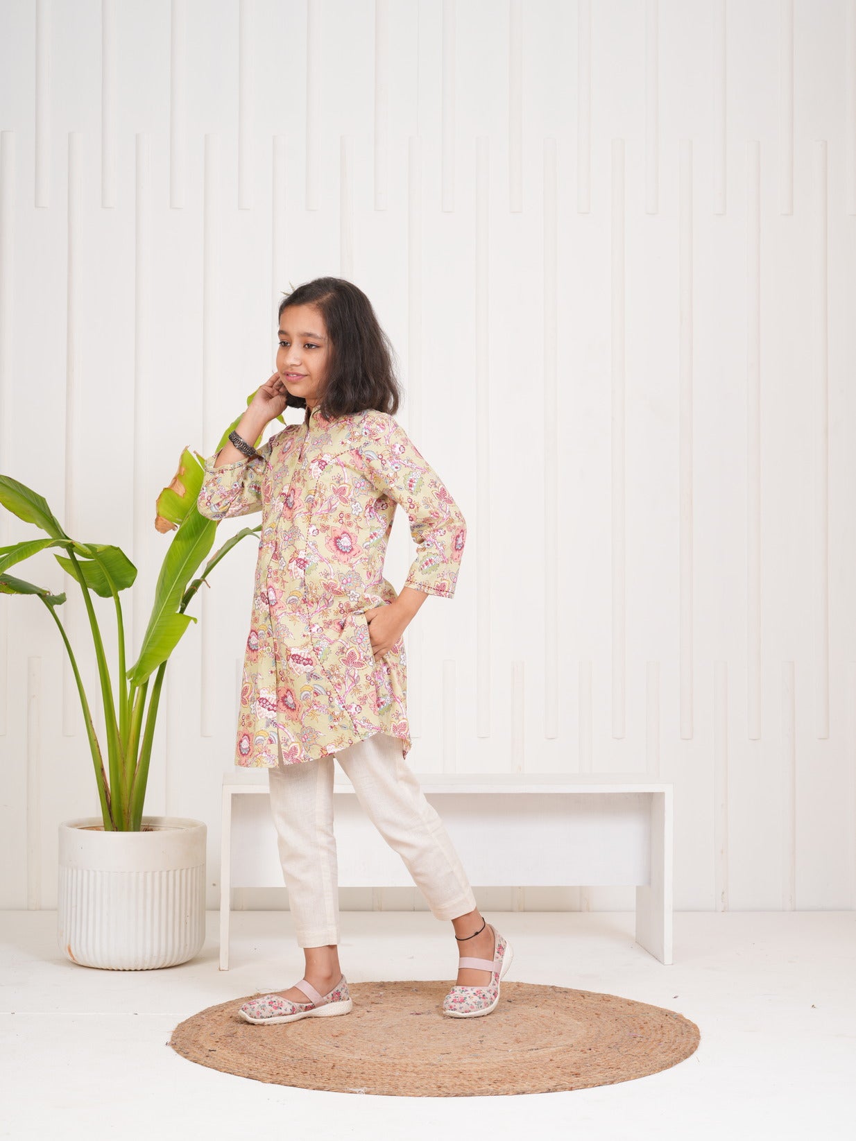 Olive With Floral Print Cotton Kurti