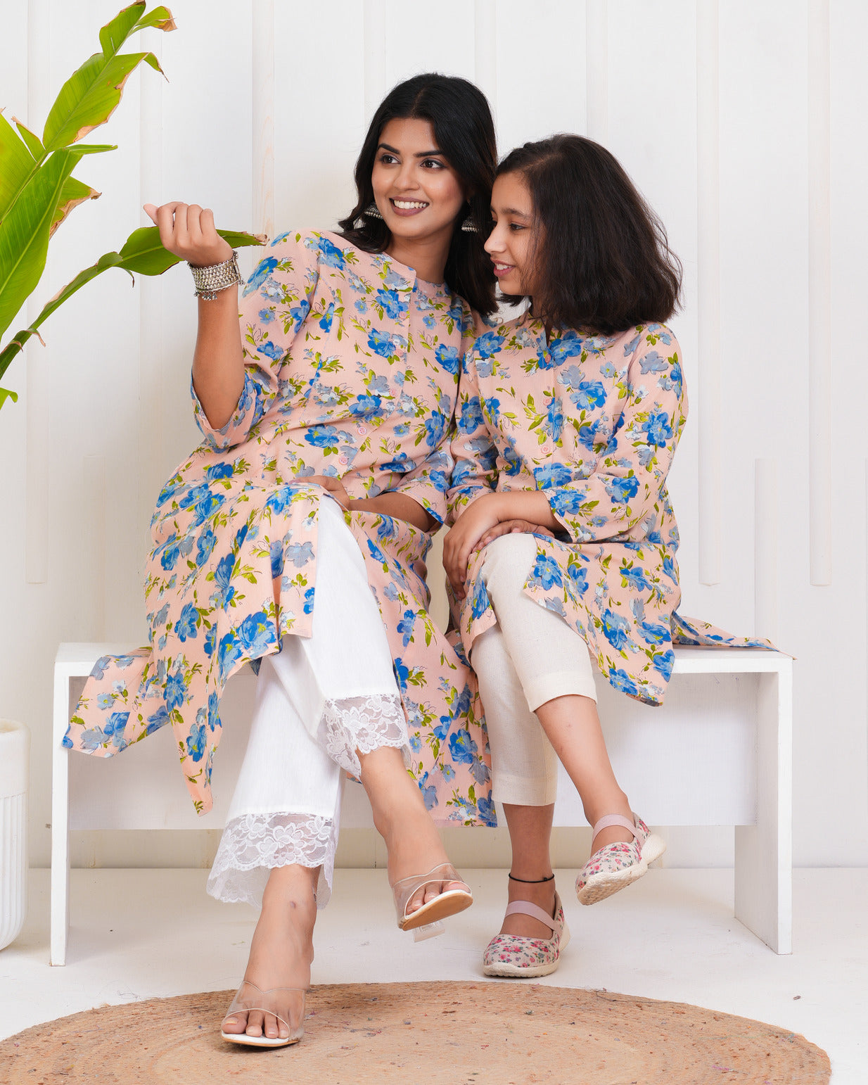 Peach With Floral Print Cotton Kurti