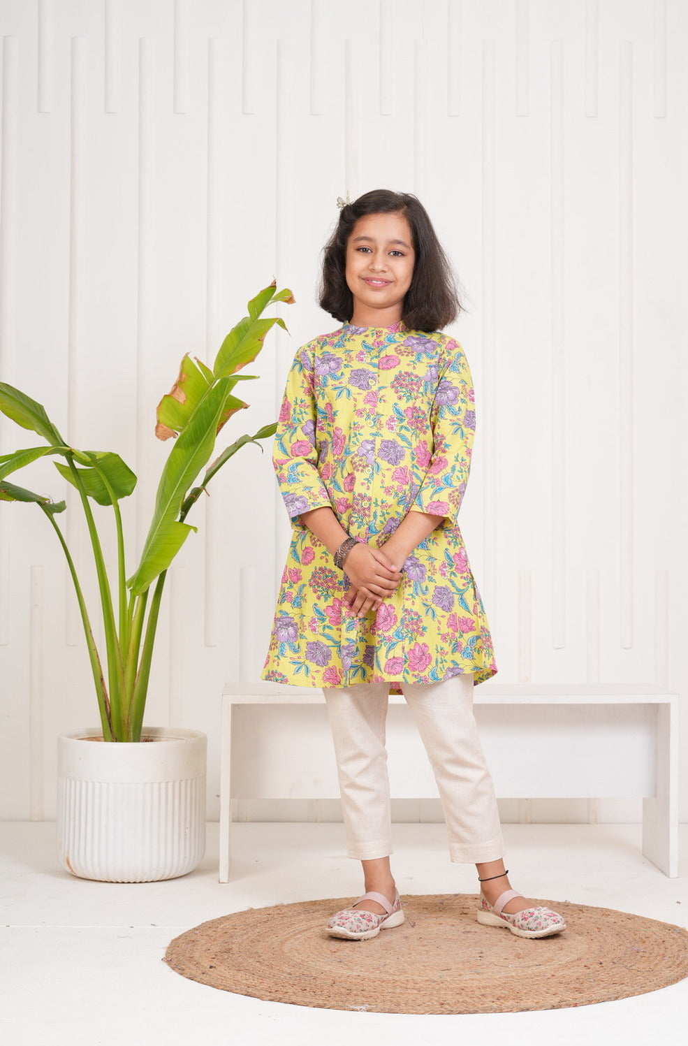 Yellow With Floral Print Cotton Kurti