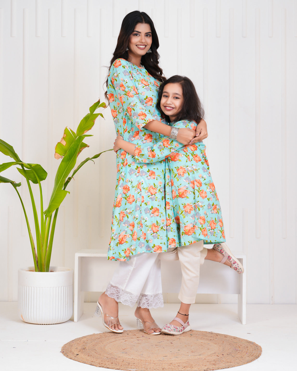 Sky Blue With Floral Print Cotton Kurti