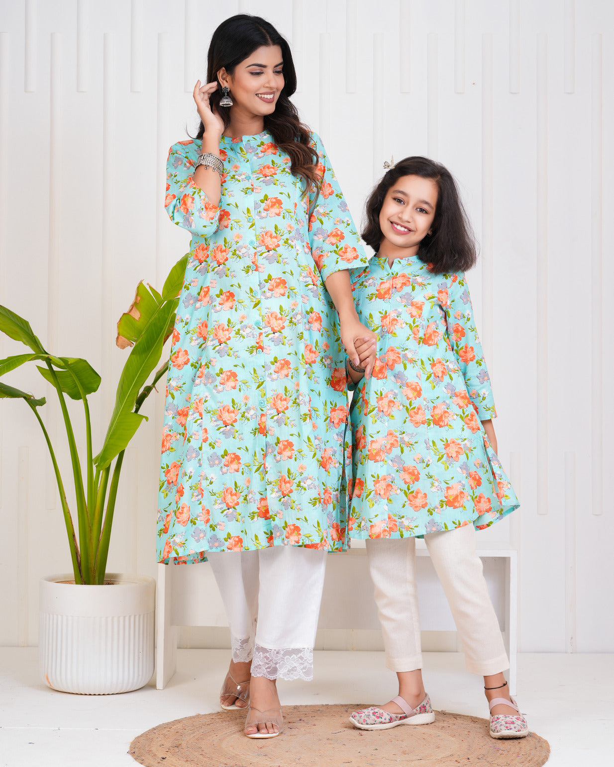 Sky Blue With Floral Print Cotton Kurti