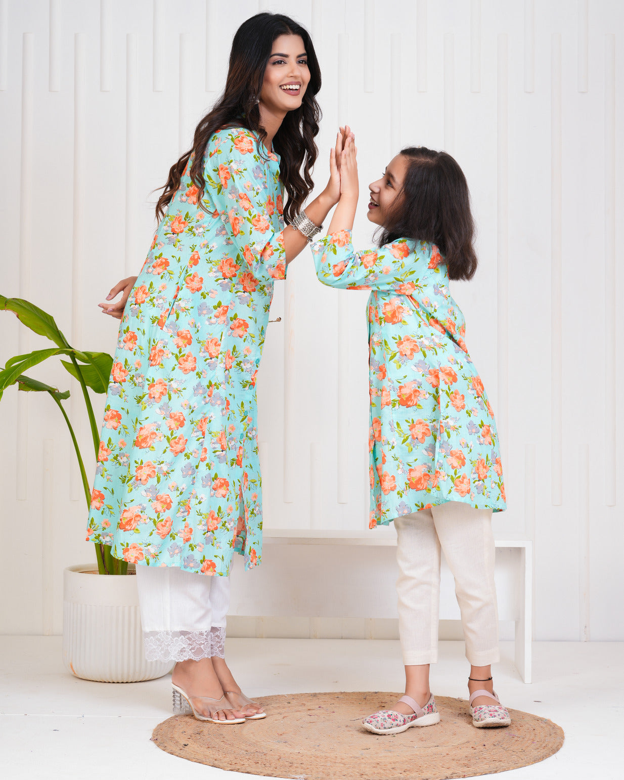 Sky Blue With Floral Print Cotton Kurti