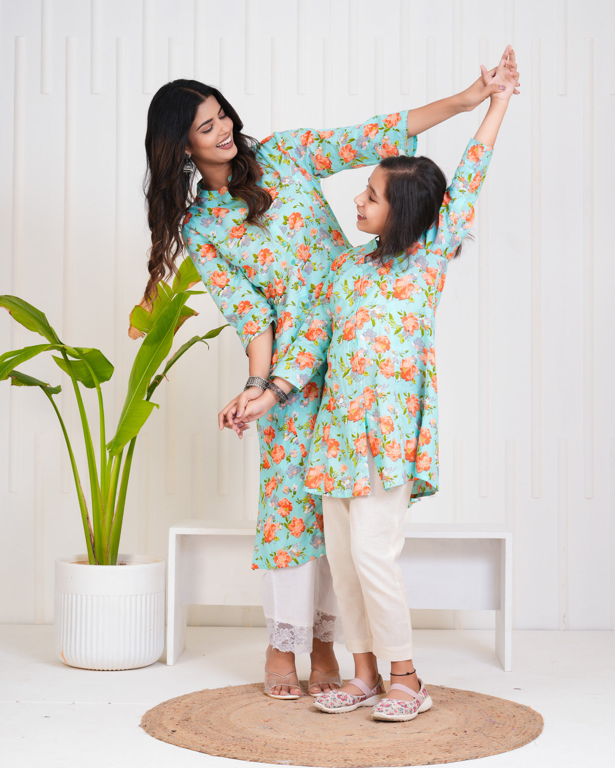 Sky Blue With Floral Print Cotton Kurti