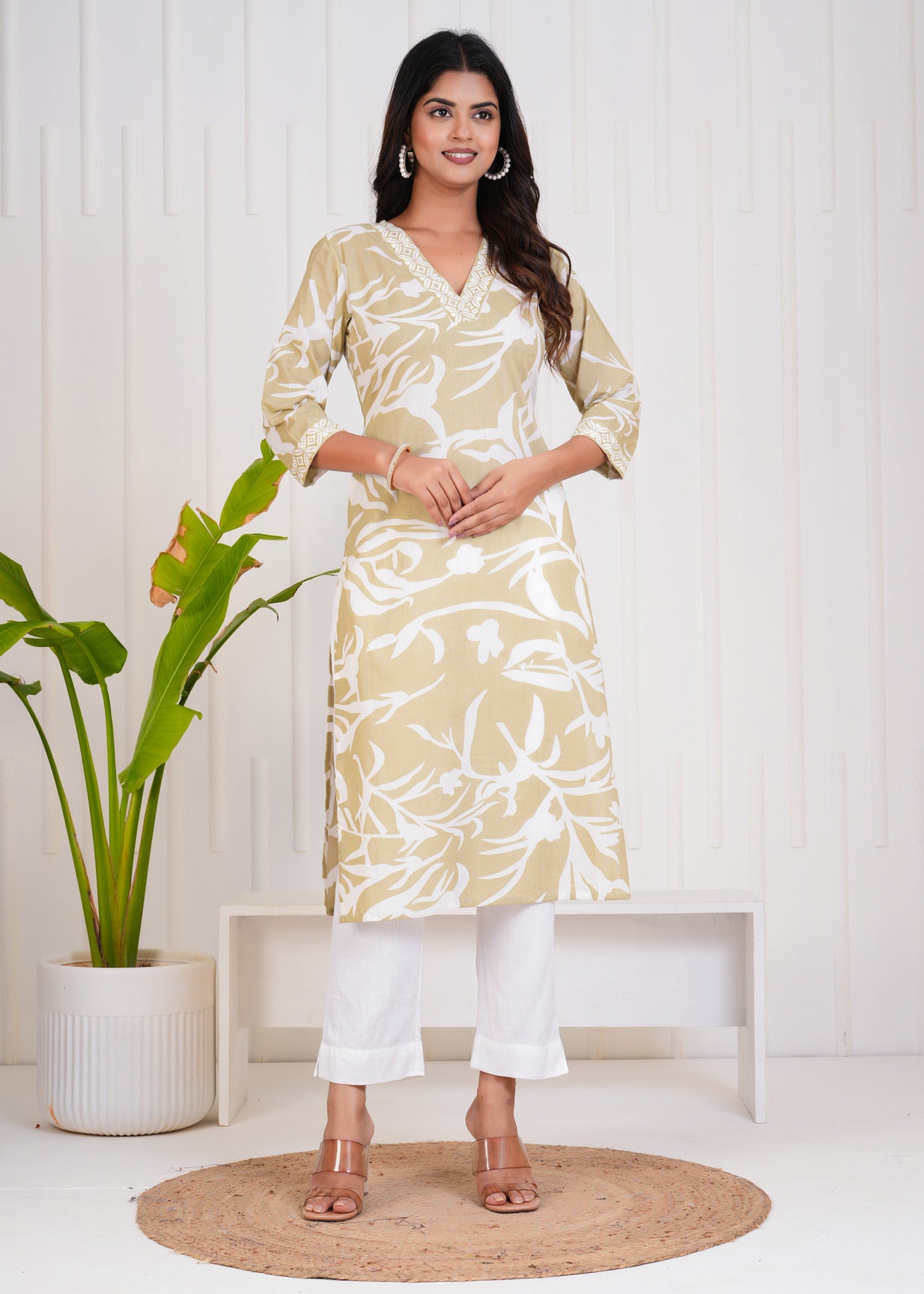 Green With White Floral Printed Cotton Kurti