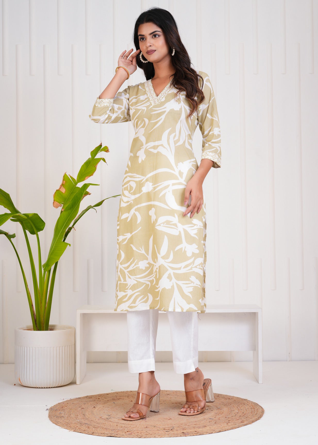 Green With White Floral Printed Cotton Kurti