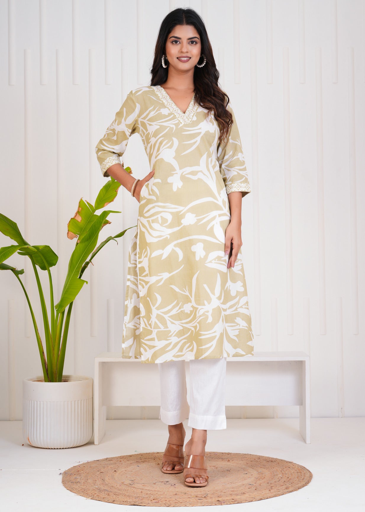 Green With White Floral Printed Cotton Kurti