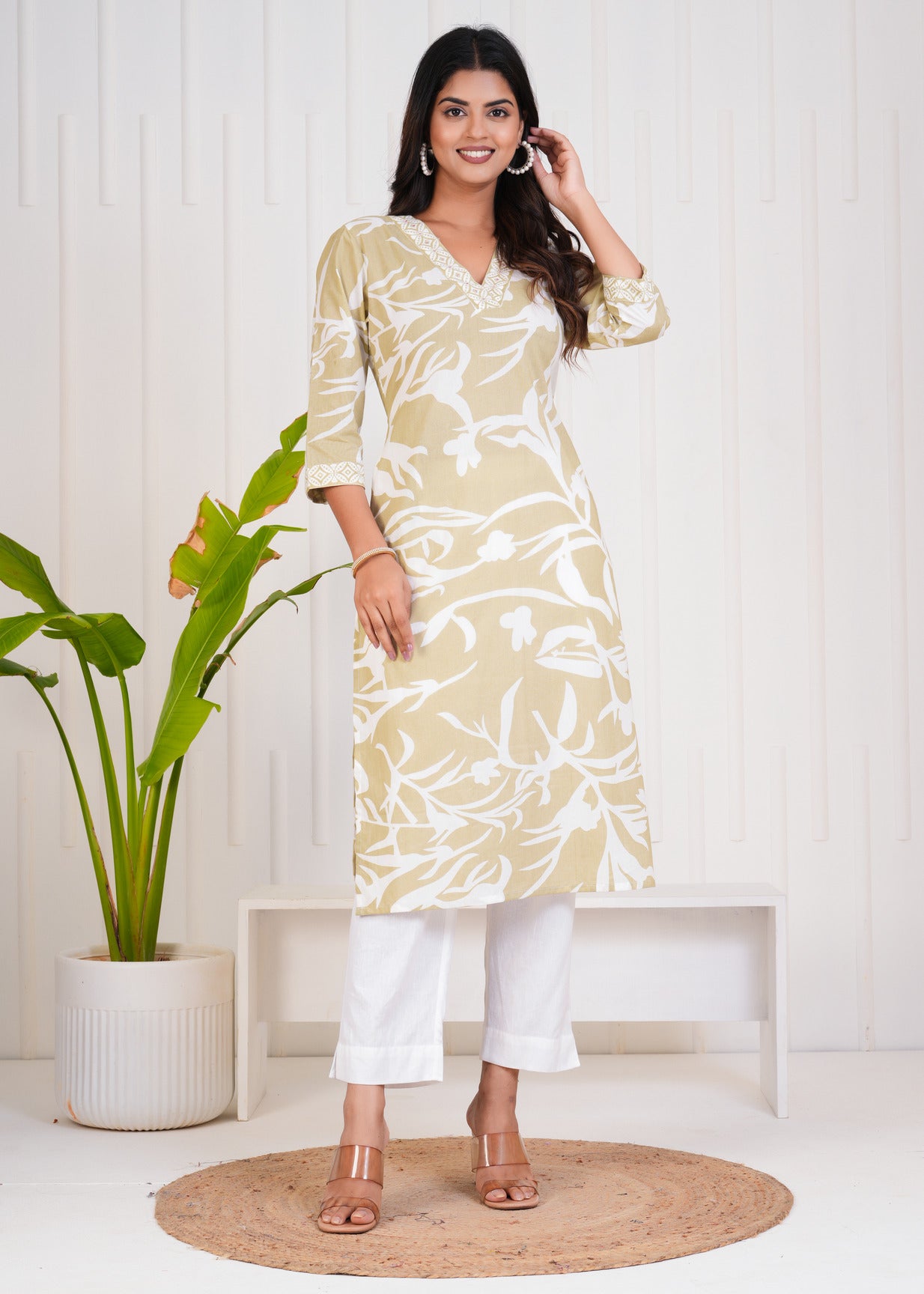 Green With White Floral Printed Cotton Kurti