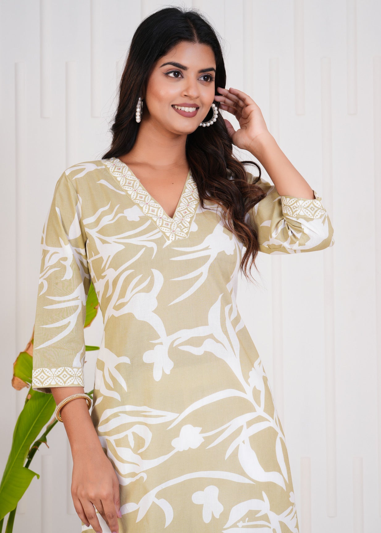 Green With White Floral Printed Cotton Kurti