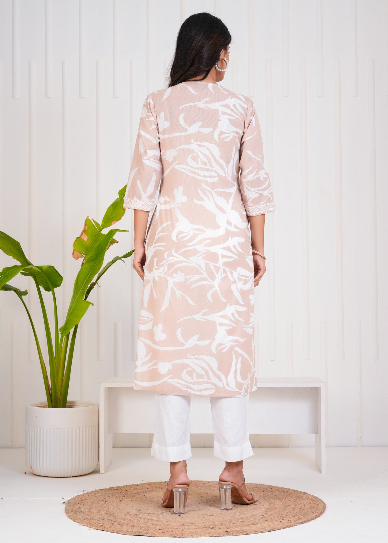 Beige With White Floral Printed Cotton Kurti
