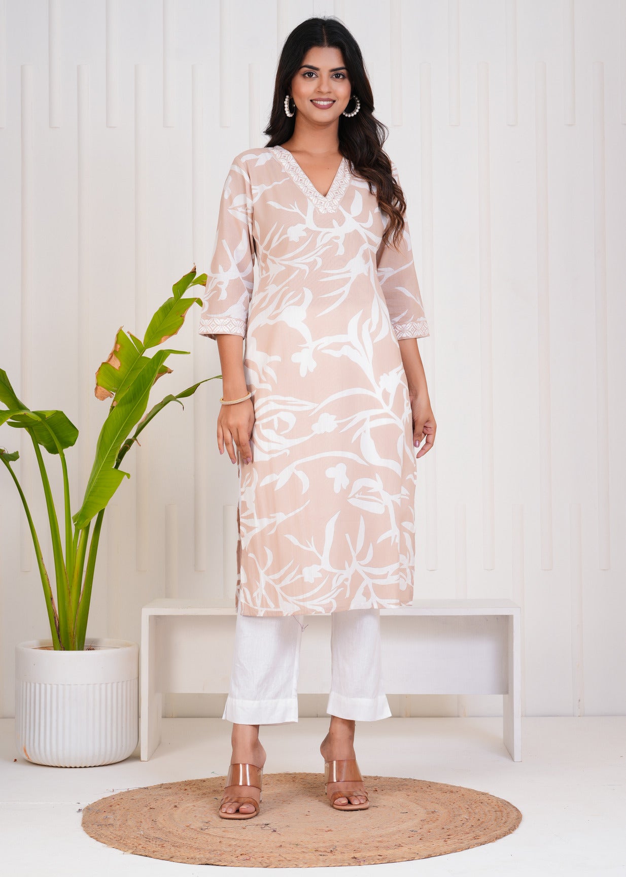 Beige With White Floral Printed Cotton Kurti