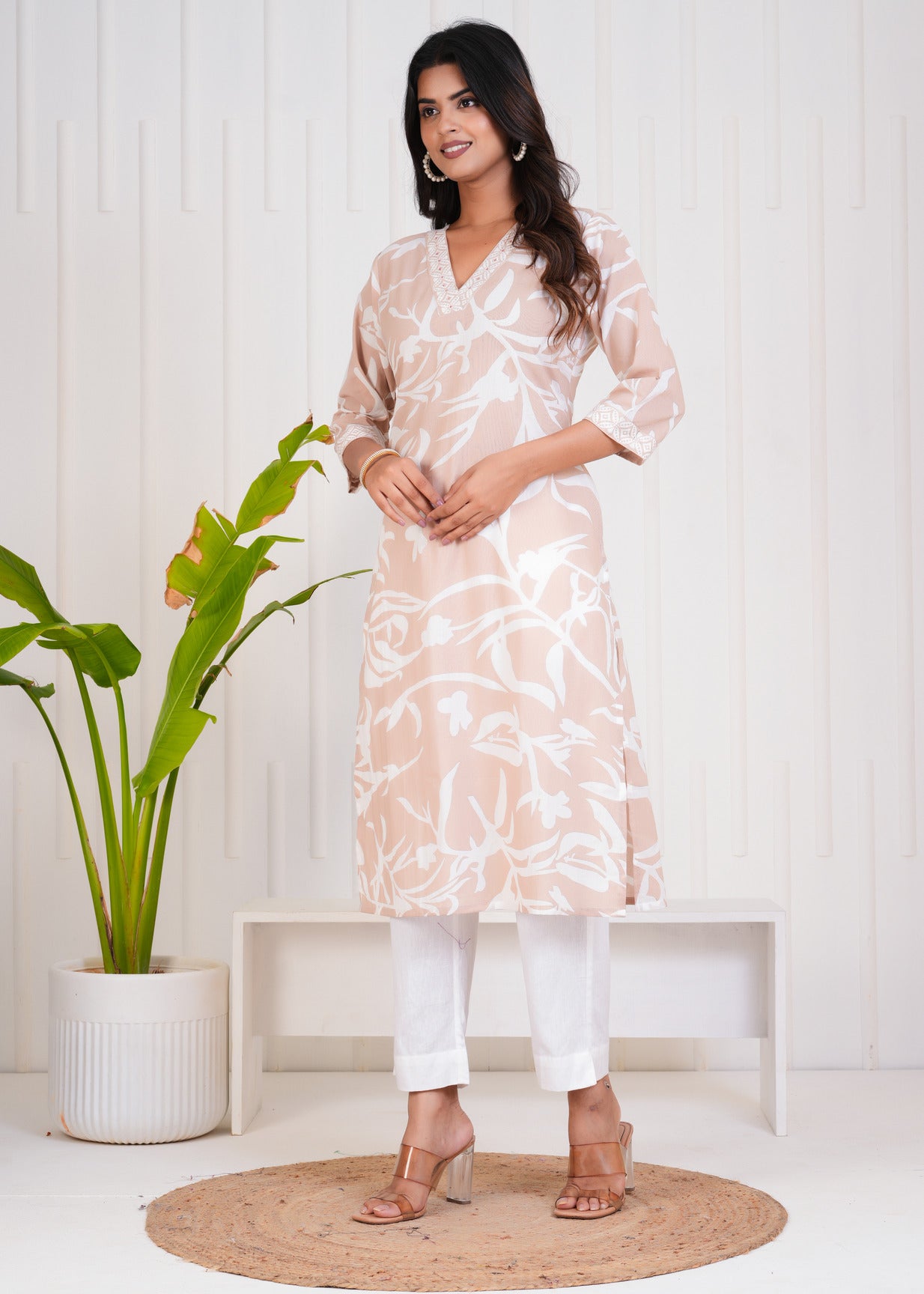 Beige With White Floral Printed Cotton Kurti